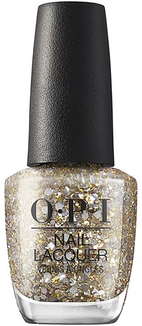 A bottle of O.P.I nail lacquer with gold and silver glitter, black cap, and clear glass showing the polish inside.