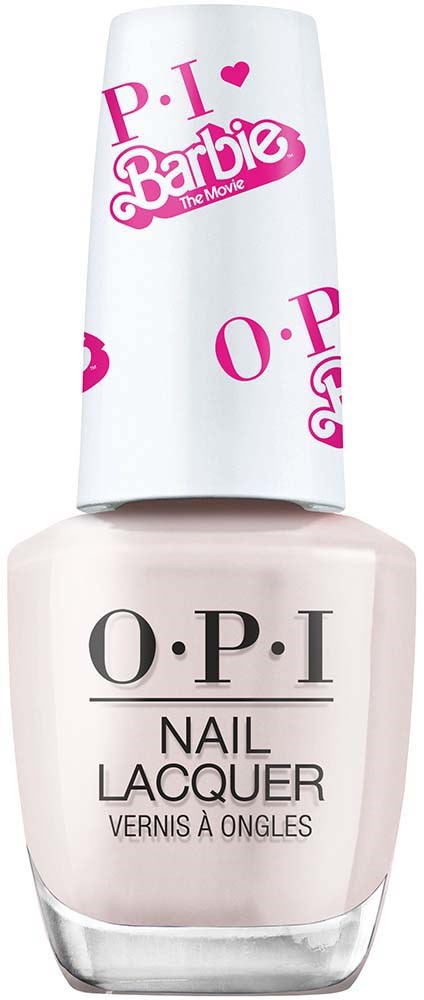 A bottle of O.P.I. nail lacquer with a white cap featuring pink and white Barbie branding.