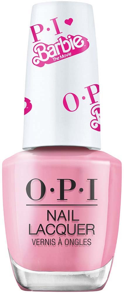 Nålfärgad nagellack i en tydlig flaska med vit kork, med OPI-varumärket. Korken har Barbie-logotyp.