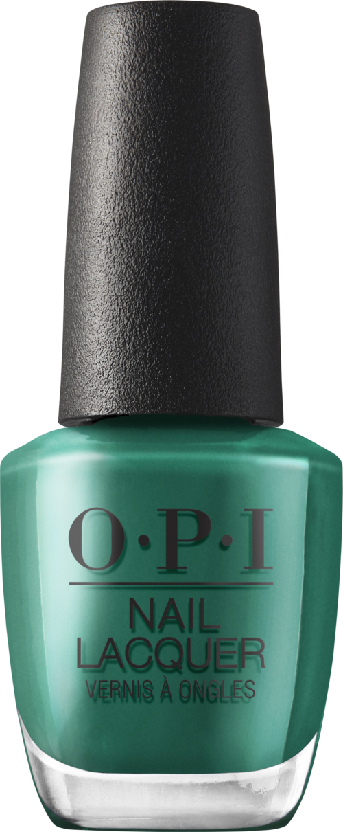 A bottle of teal nail polish by O.P.I with a black cap.