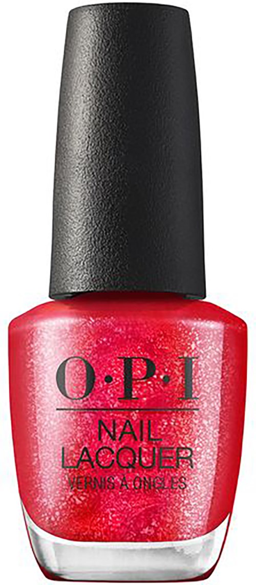 A bottle of O.P.I nail lacquer, red with black cap, shiny finish, brand logo on the front.