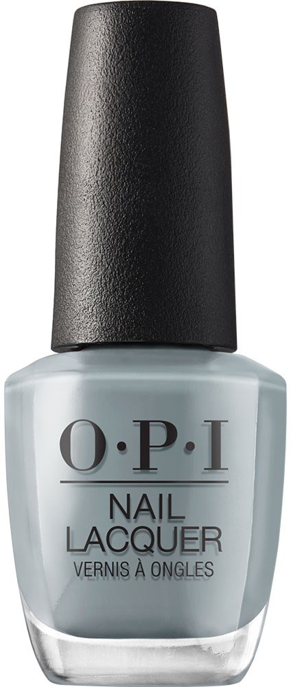 En ljusgrå nagellackflaska med svart lock och varumärket OPI på framsidan.