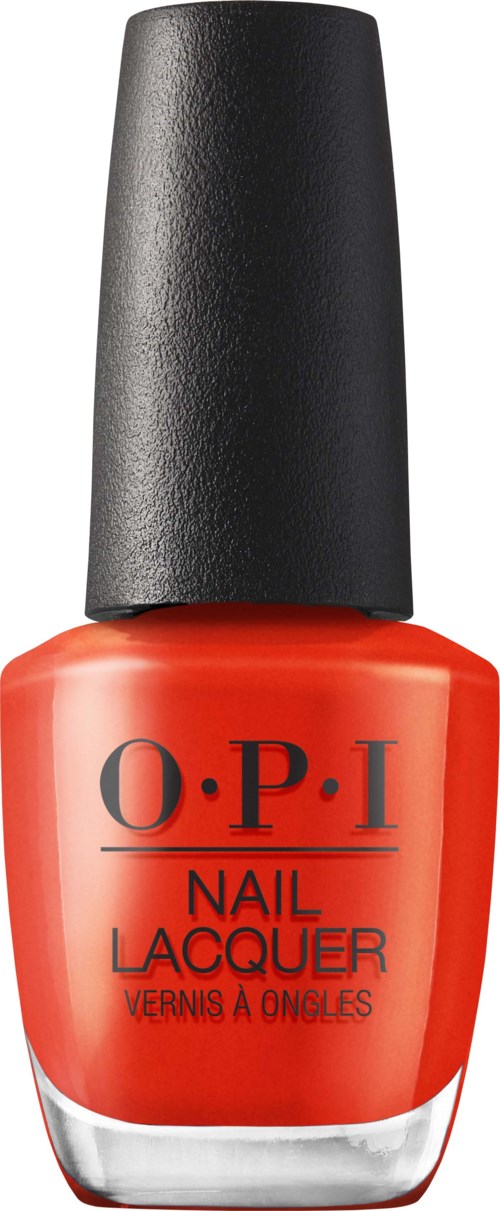 Red nail polish bottle with black cap, labeled 'O.P.I Nail Lacquer'.