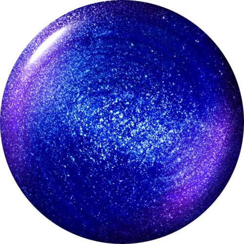 Een glanzend, rond object met een blauwe en paarse sprankelende oppervlakte, die lijkt op een sterrenplanet of melkweg.