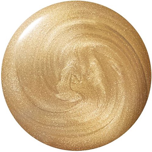 A round, shiny, gold-colored object with a swirling pattern and glittery surface.