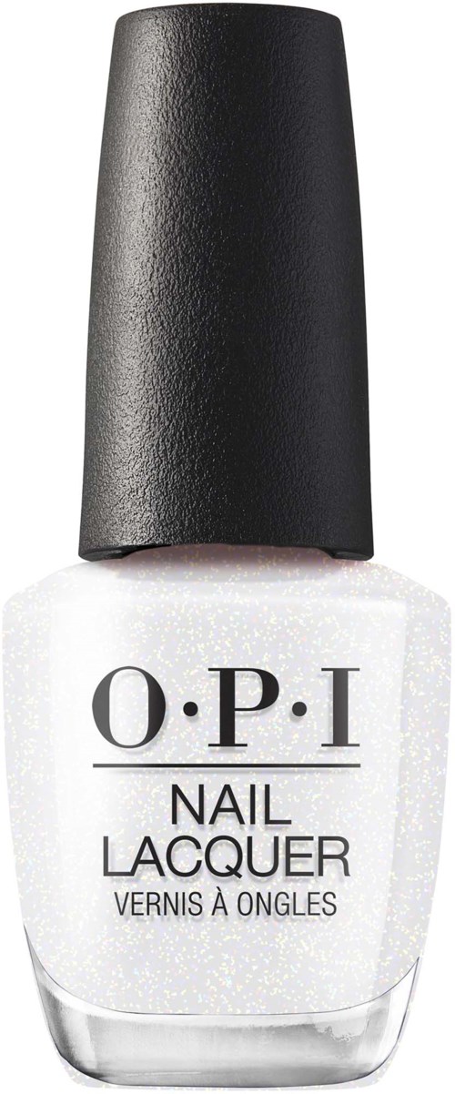 A white nail polish bottle with a black cap, labeled 'O.P.I Nail Lacquer'.