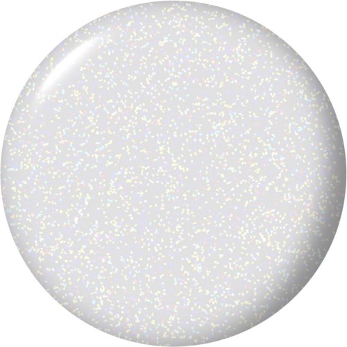 A round, shiny surface with many tiny, colorful sparkles, giving an iridescent, glittery appearance.