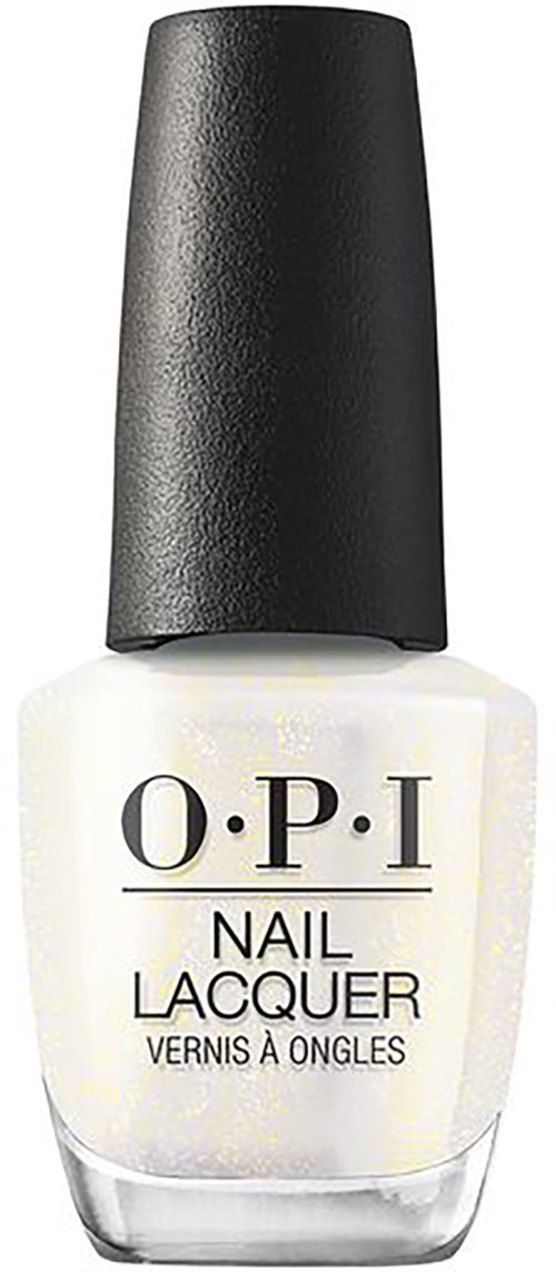 A bottle of white nail polish with black cap, labeled 'O.P.I'.