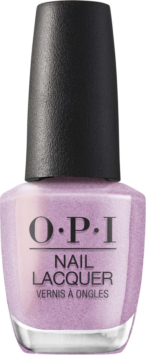 A bottle of pink O.P.I nail lacquer with a black cap.