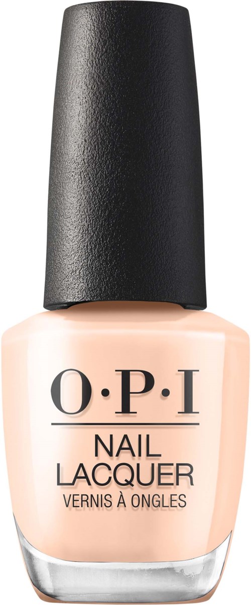 En flaska nagellack från OPI med beige färg och svart lock.