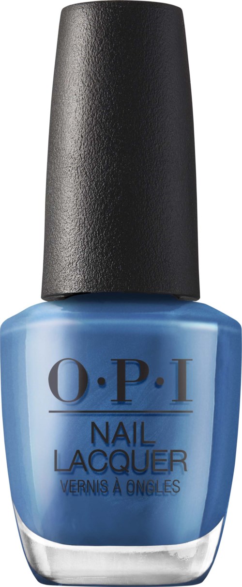 Blue nail polish bottle with black cap, labeled O.P.I Nail Lacquer.