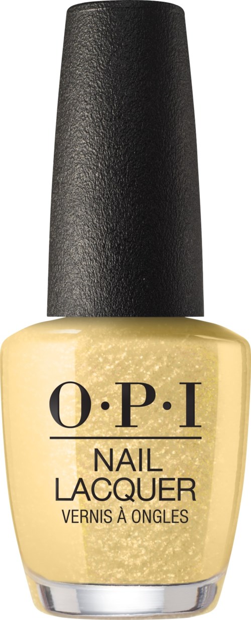 Krukke med gul neglelakk med svart lokk og O.P.I-logo.
