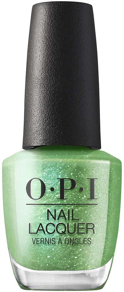 Groene nagellak met zwarte tekst en zwarte dop. Het zegt 'O.P.I Nail Lacquer' en heeft glitter.