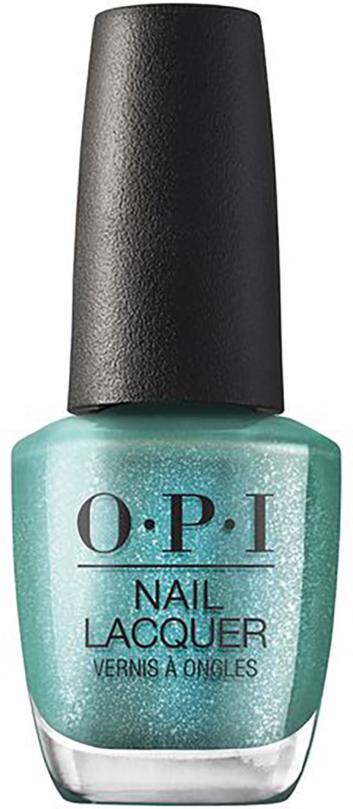 Turquoise nail polish with glitter, in a bottle with a black cap.