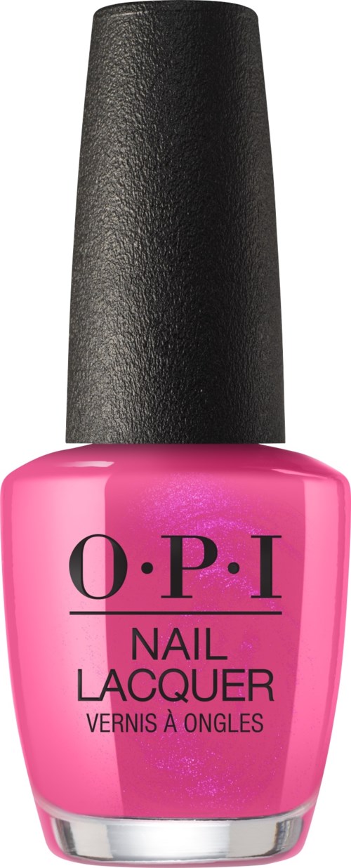 Rosafärgad nagellackflaska med svart lock, märkt O.P.I Nail Lacquer.