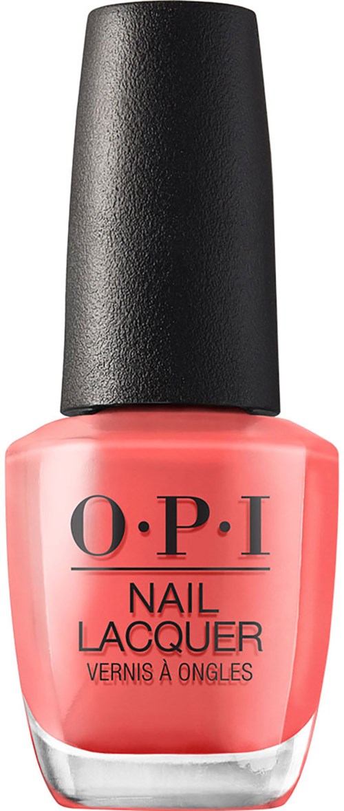 Pink neglelakflaske med sort hætte, mærket O.P.I Nail Lacquer.