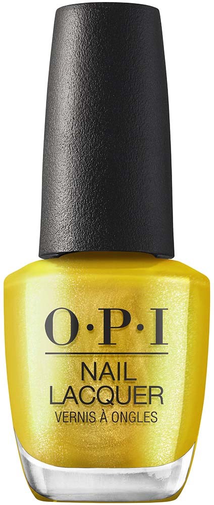 Een gele nagellakfles met zwarte dop, gelabeld 'O.P.I NAIL LACQUER' en wat Franse tekst.