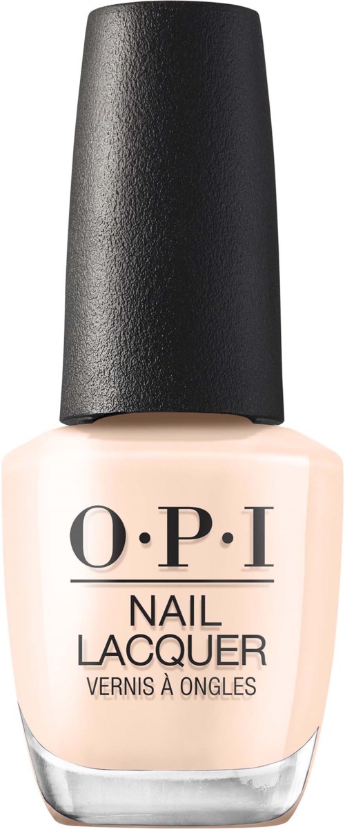 En flaska med O.P.I nagellack med beige nagellack på vit bakgrund.