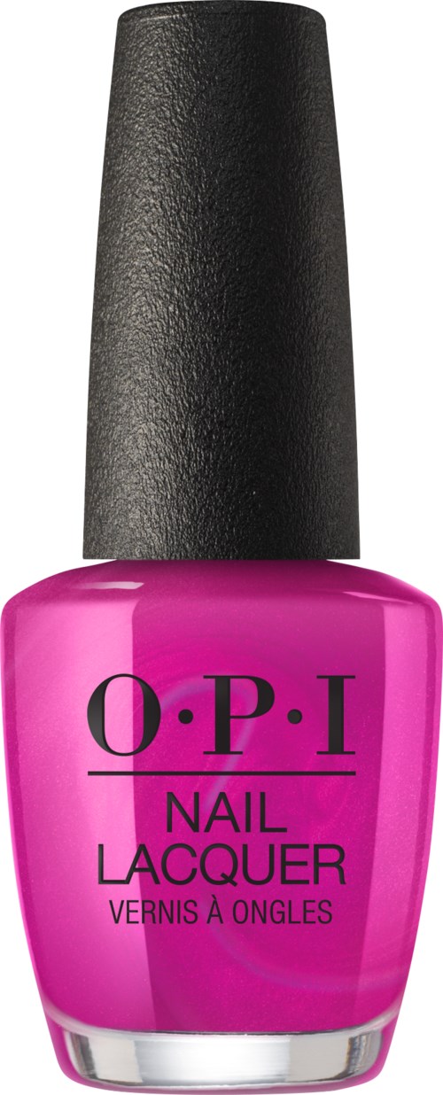 Różowa butelka lakieru do paznokci z czarnym korkiem, oznaczona O.P.I. Nail Lacquer.
