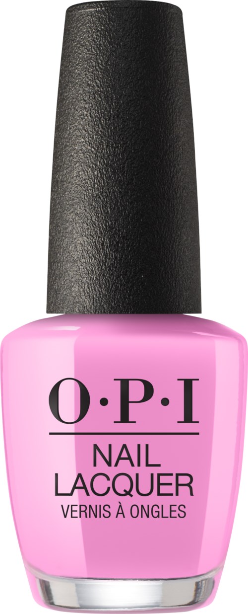 Różowa butelka lakieru do paznokci z czarnym korkiem marki O.P.I, oznaczona 'Nail Lacquer' i 'Vernis à Ongles'.