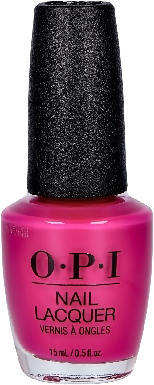 Różowa butelka lakieru do paznokci z czarną nakrętką marki O.P.I., oznaczona 'Nail Lacquer' i 'Vernis à Ongles.'