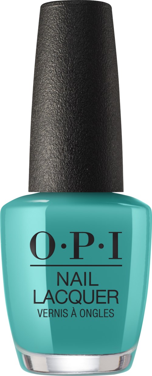 A teal-colored OPI nail polish bottle with a black cap and simple label. The bottle is rounded and shiny.