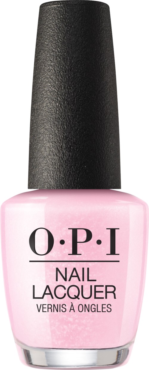 Różowa butelka lakieru do paznokci z czarnym korkiem i oznaczeniem O.P.I Nail Lacquer.