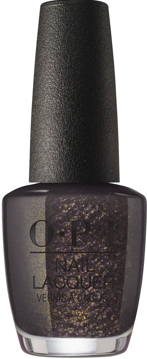 En mörkgrå nagellackflaska med guldglitter inuti och en svart kork.