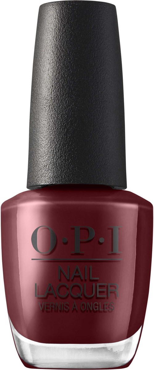 En flaska av O.P.I nagellack i en djup rosa färg med svart lock.