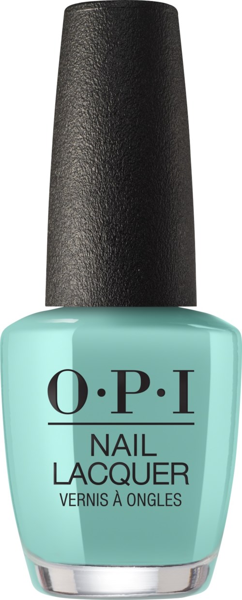 En flaska av O.P.I nagellack i ljus turkos med svart lock.