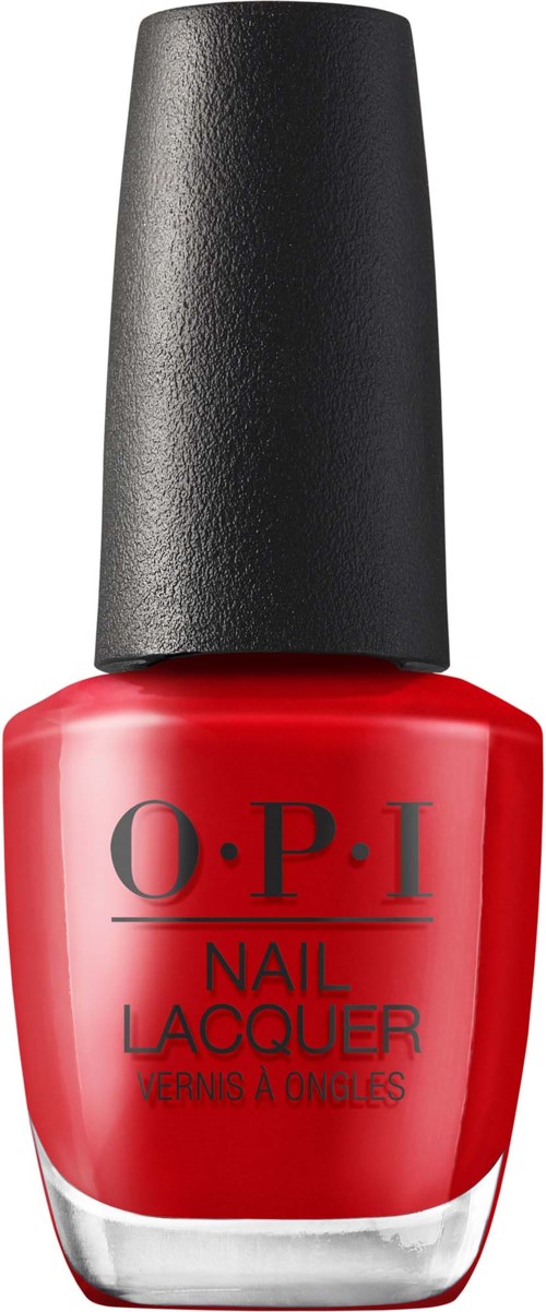 Röd OPI nagellackflaska med svart lock, framifrån.