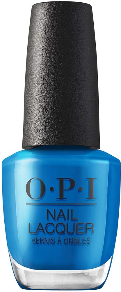 Blue nail polish bottle with black cap, labeled O.P.I Nail Lacquer.
