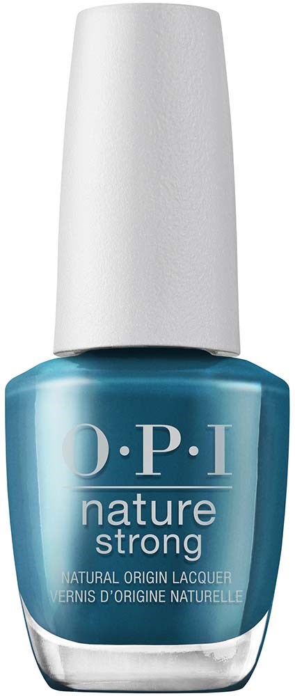 En blå neglelakkflaske med hvit lokk, merket "O.P.I nature strong".