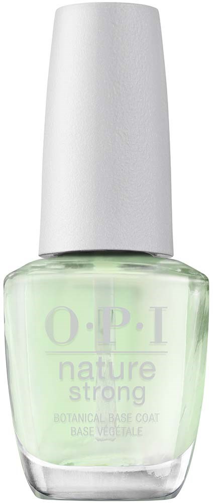 Klein flesje nagellak met witte dop en lichtgroene kleur, labelt O.P.I nature strong.
