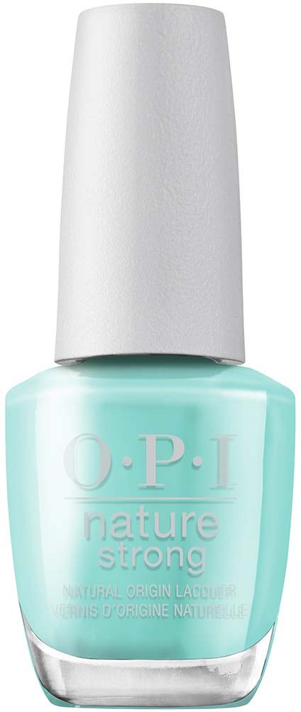 Eine hellblaue Nagellackflasche mit weißer Kappe, beschriftet "O.P.I. nature strong".