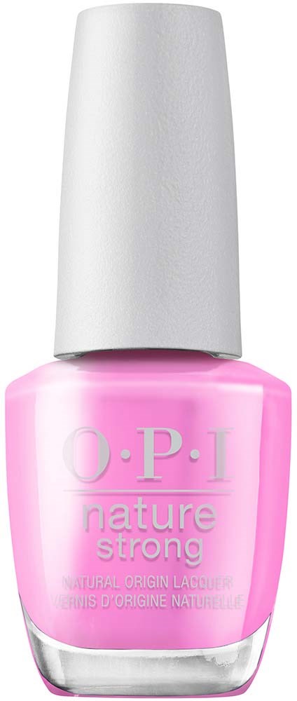 Pinkfarbige Nagellackflasche mit weißem Deckel, beschriftet 'O.P.I nature strong'.