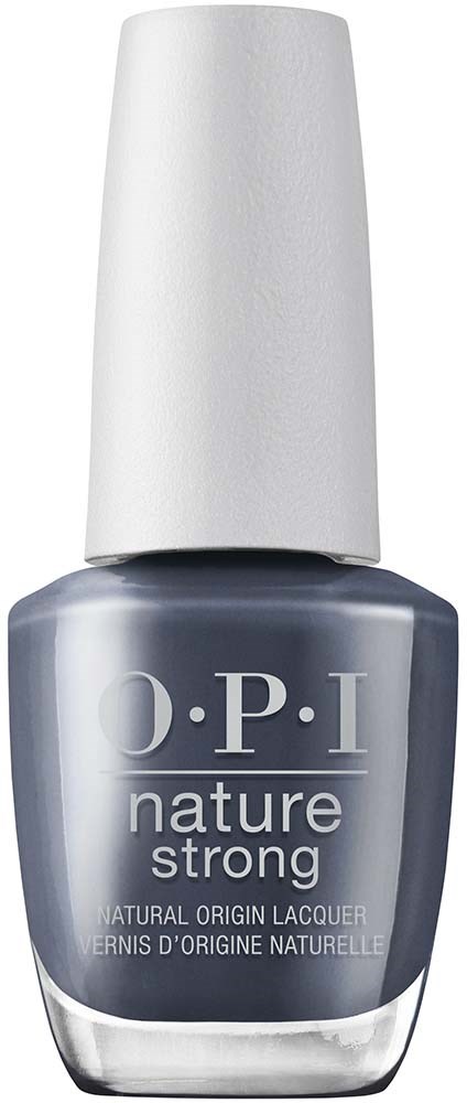 Gray nail polish bottle with a white cap, labeled 'O.P.I nature strong'.