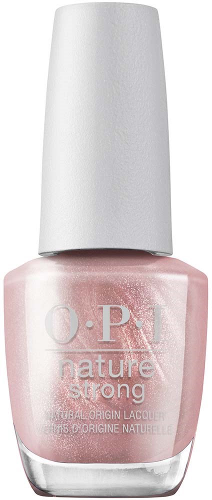 Eine rosa O.P.I Nagellackflasche mit weißem Deckel, beschriftet "nature strong."