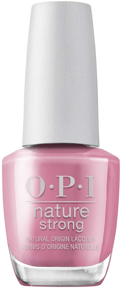 Rosa Nagellackflasche mit weißem Deckel, beschriftet O.P.I, nature strong, natürliche Ursprungslack.