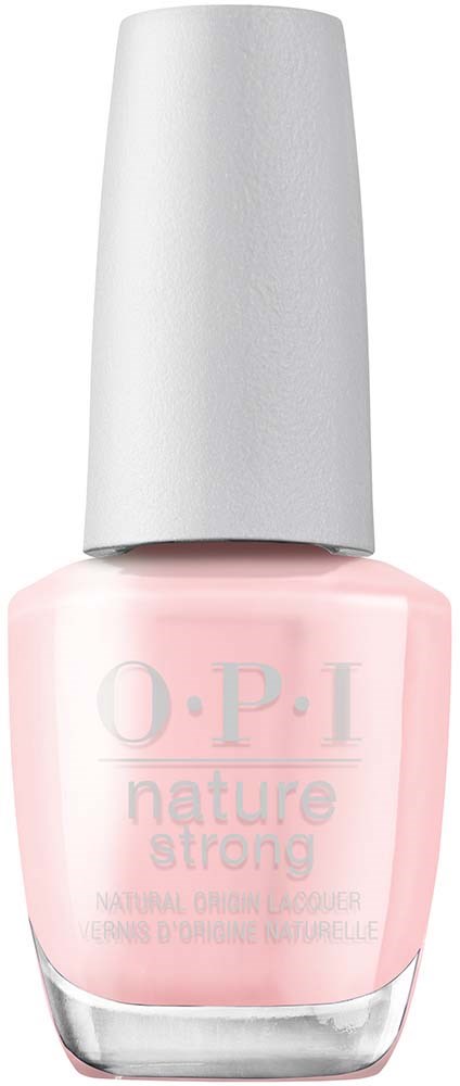 Hellrosa Nagellackflasche mit weißem Deckel, Beschriftung 'O.P.I nature strong' für natürliche Nägel.