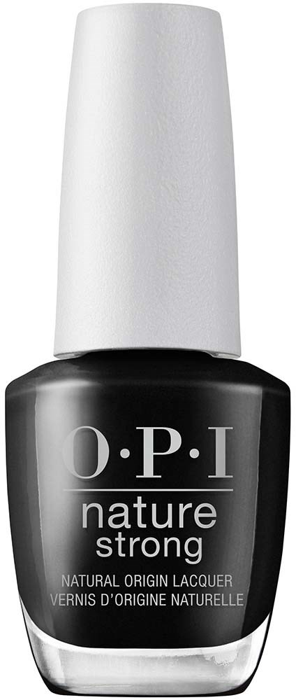 Een flesje zwarte nagellak met een witte dop, labeled 'O.P.I nature strong' voor natuurlijke oorsprong lak.