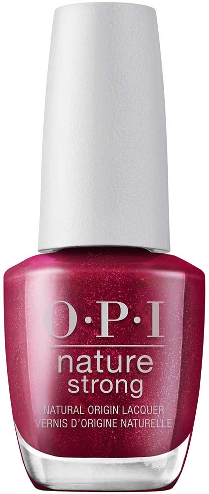 En flaske med rosa neglelakk med hvit lokk, merket 'OPI nature strong'.
