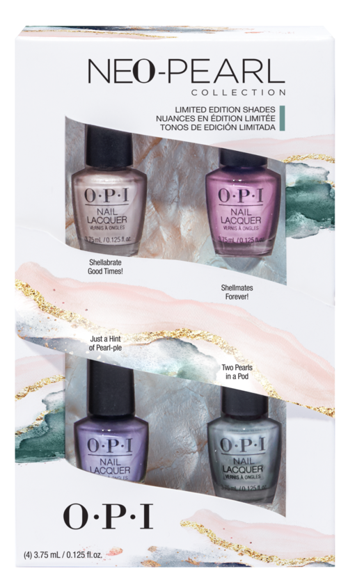 En låda med fyra limited edition nagellack från Neo-Pearl Collection, med pastell- och metallnyanser.