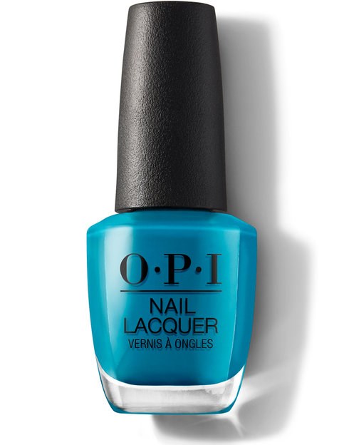 Blå nagellackflaska med svart lock och O.P.I-logga på framsidan.