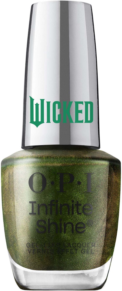 Grønn neglelakkflaske med sølvhette, merket 'O.P.I Infinite Shine', med ordet 'WICKED' på toppen.
