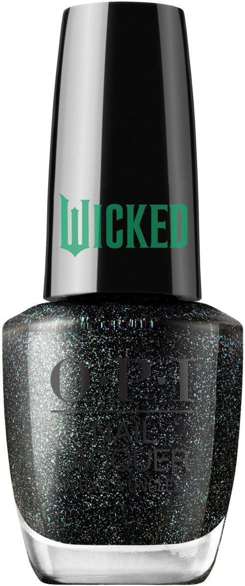 En svart nagellackflaska med glitter, märkt "Wicked," och en svart kork med grönt text.