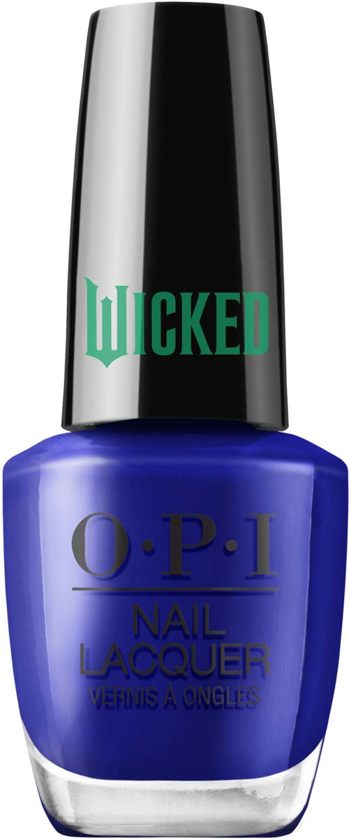 En blå nagellackflaska med svart lock, märkt "O.P.I Nail Lacquer" och "Wicked" i grönt.
