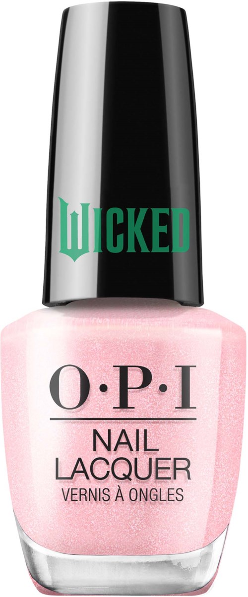 En rosa nagellackflaska med svart lock, märkt "O.P.I Nail Lacquer" och ett grönt "Wicked"-klistermärke.