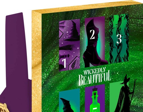 A colorful, glittery board features three numbered sections with different patterns, and labels for a beauty product brand.