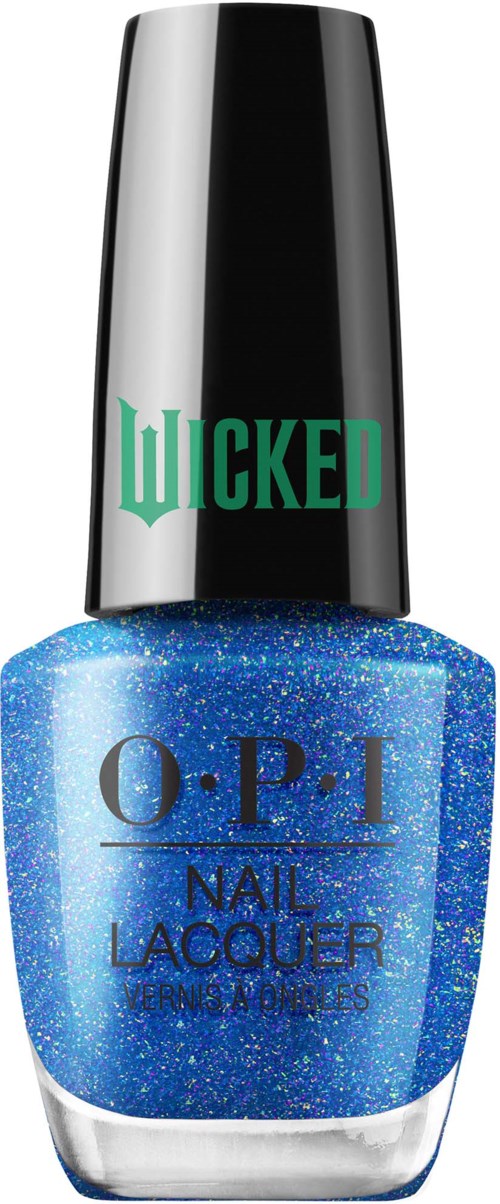 Blå glitternagellackflaska med svart lock och grön "WICKED" text.